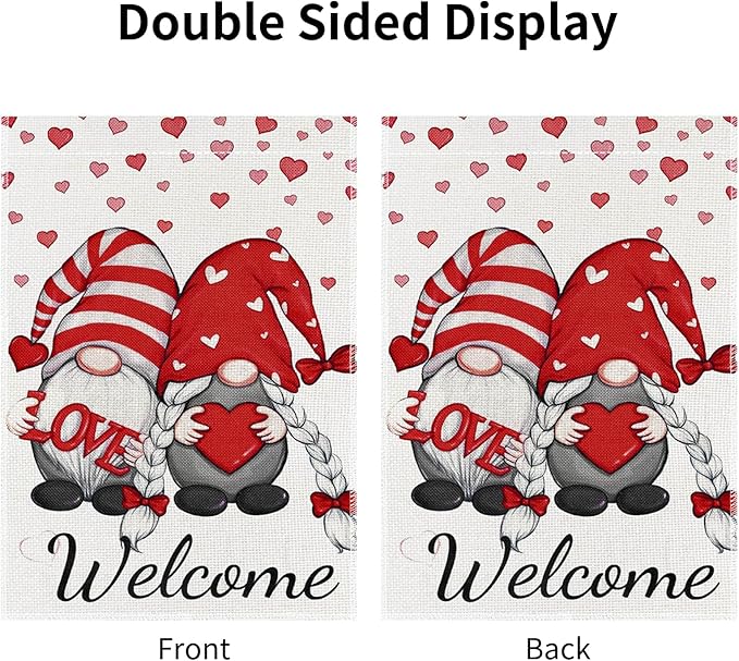 12x18 Inch Valentines Day Garden Flag Double Sided, Lovely Gnomes Yard Flag for Outdoor Decoration
