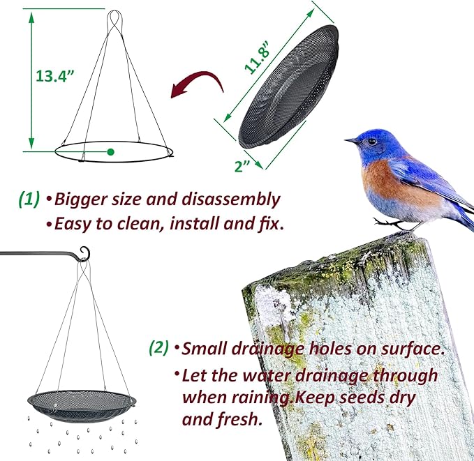 Upgraded Hanging Bird Feeder Tray,11.8” Stainless Steel Large Platform Metal Mesh Seed Tray for Backyard Garden Attracting Outside Wild Birds