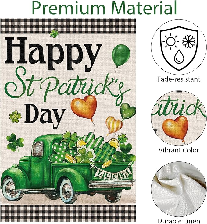 Shamrock Happy St Patrick's Day Garden Flag 12x18 Inch Double Sided, Burlap Green Lucky Clover Truck Holiday Yard Flag for Outside Yard Decoration