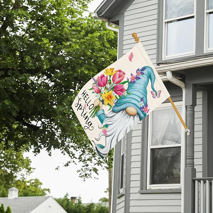Hello Spring Gnome Garden Flag 28x40 Double Sided Burlap Butterfly Floral Yard Banner for Summer Rustic Seasonal Outside Outdoor House Decoration (ONLY FLAG)