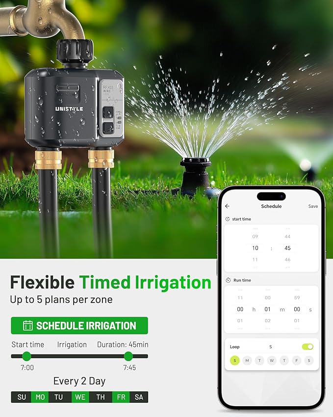 [All-New 2027] 1640FT WiFi Sprinkler Timer 2 Zone, Unistyle Smart Hose Timers Compatible Alexa & Google Voice and App Control, Water Timer for Garden Hose with Auto & Manual Modes for Garden Lawn