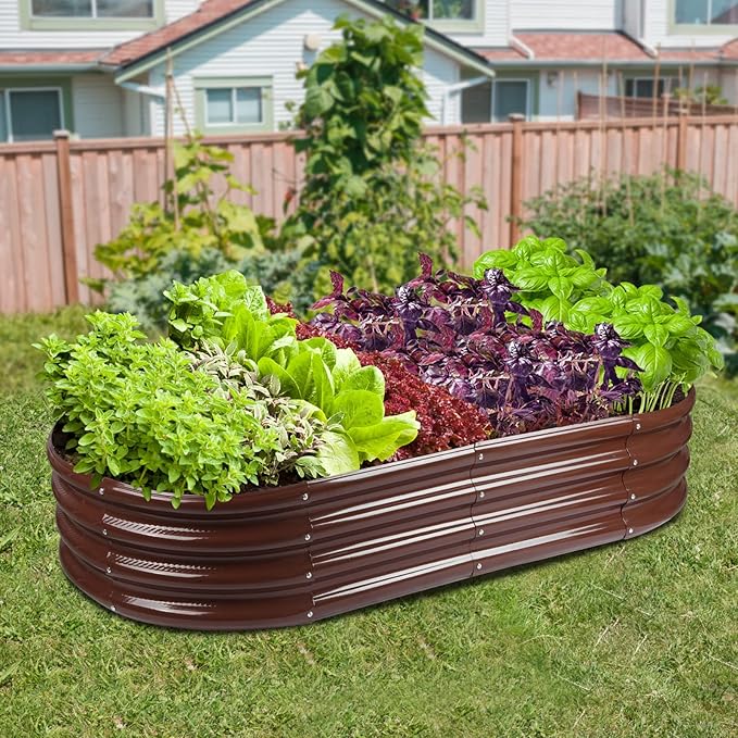 Raised Garden Bed GRS Certified Galvanized Planter Box Outdoor, 5ft Oval Rot-Resistant Metal Garden Bed Planter, Recycled Eco-Friendly Material Planter for Vegetables Flowers Herbs (Brown)