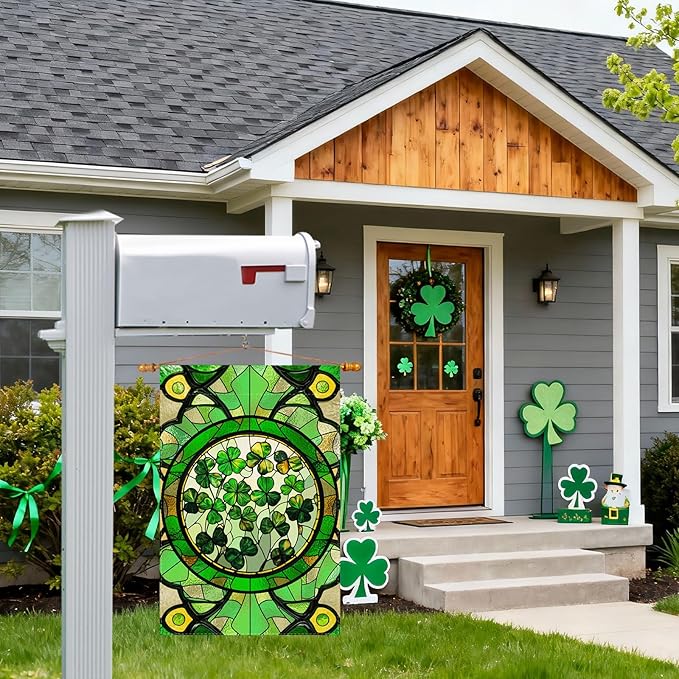Green Shamrocks Clovers Stained Glass St. Patrick's Day Garden Flag 12x18 Inch Double Sided Small Mini Yard Flag Outdoor Outside Holiday Party Decoration