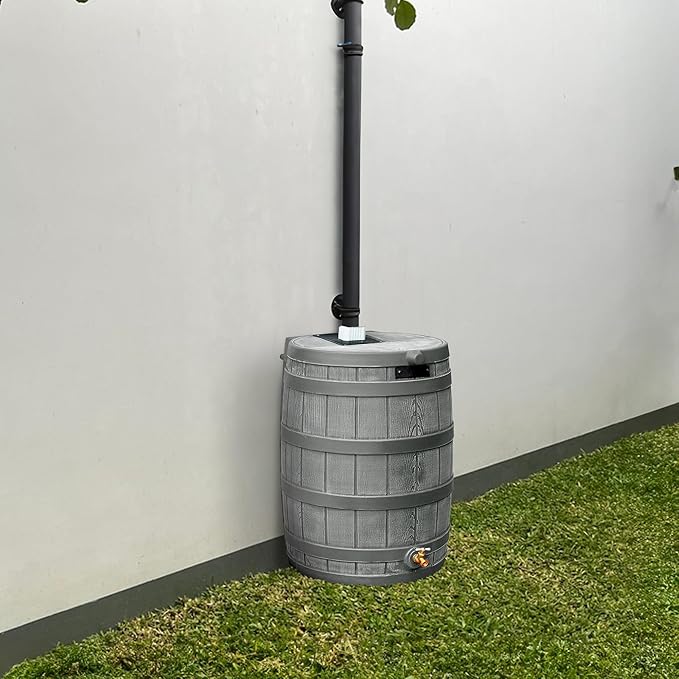 Good Ideas Rain Wizard 50 Gallon Plastic Outdoor Home Water Storage Tank Rain Barrel Collector with Brass Spigot and Flat Back Design, Gray