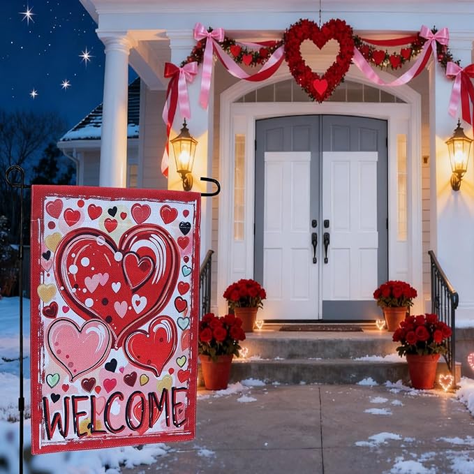 Valentine Garden Flags Decorations,12x18 Inch Vertical Double Sided Valentines Day Yard Decor Outdoor Welcome Hearts Anniversary Front House Lawn Outside Decors Garden Flag