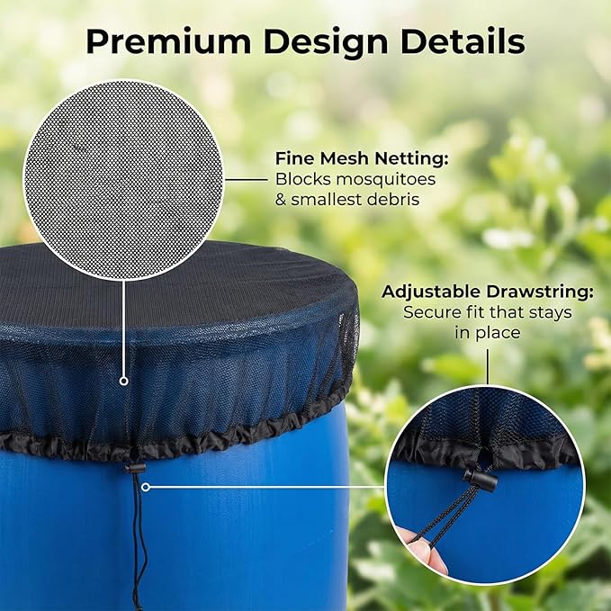 2 PCS 39in Mesh Cover for Rain Barrels, Fine Mesh Filter Screens with Adjustable Drawstring, Reusable Outdoor Garden Rain Barrel Accessories, Effective at Blocking Leaves, Debris (Black)