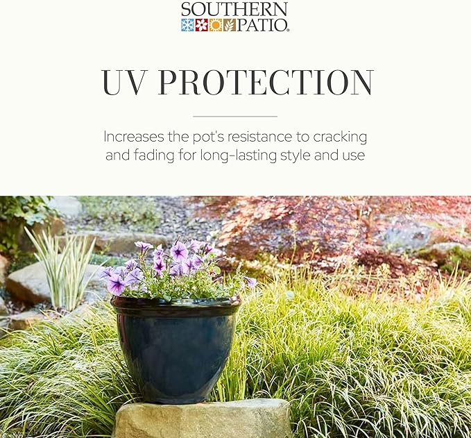Southern Patio Heritage Planter, 12-Inch Outdoor Round Planter Pot, Light Resin Pot for Porch or Patio Use, Monaco Blue, (Size/Dimensions), 2 Pack
