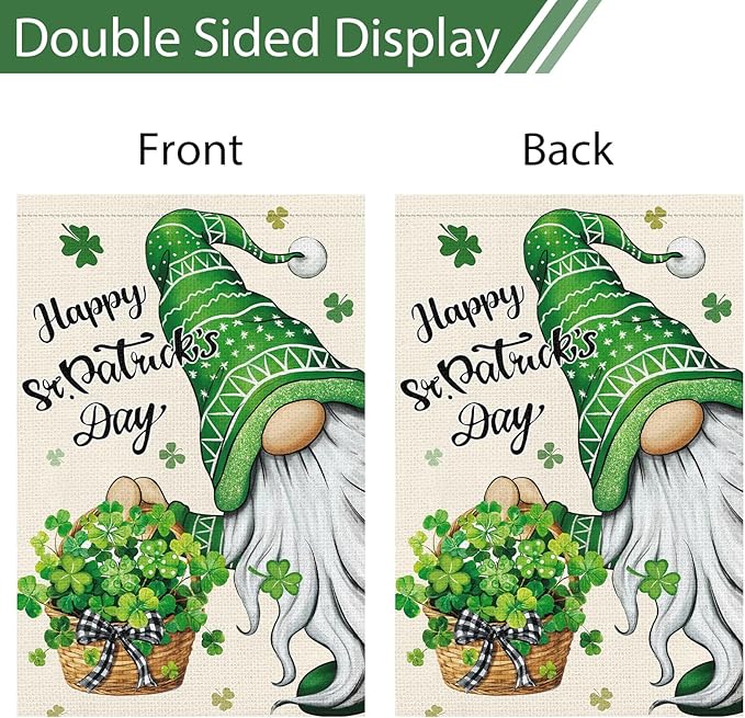 Heyfibro Happy St. Patrick's Day Gnome Garden Flag 12x18 Double Sided Burlap, Shamrock Basket Yard Flag for Spring Seasonal Irish Holiday Farmhouse Yard Outdoor Decor(ONLY FLAG)