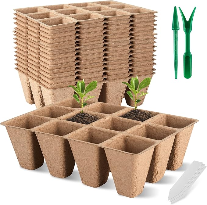15 Packs Seed Starter Tray,180Cells Peat Pots,Biodegradable Pots for Seedlings,Organic Pot Plant Starter Trays Kit for Vegetable & Flower Seeding with 15 Plant Labels,2 Garden Tools