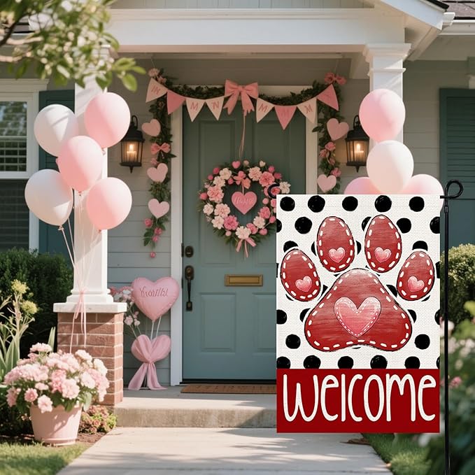 Valentines Garden Flag 12x18 Inch, Paw Print Heart Double Sided Flag for Anniversary Wedding Yard Outdoor Decoration