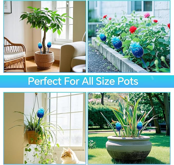 Large Plant Watering Globes Set of 3-10 oz Indoor/Outdoor Large Self Watering Globes Planter Insert, for Mother/Father/Friend/Plant Enthusiasts (Blue Rose)