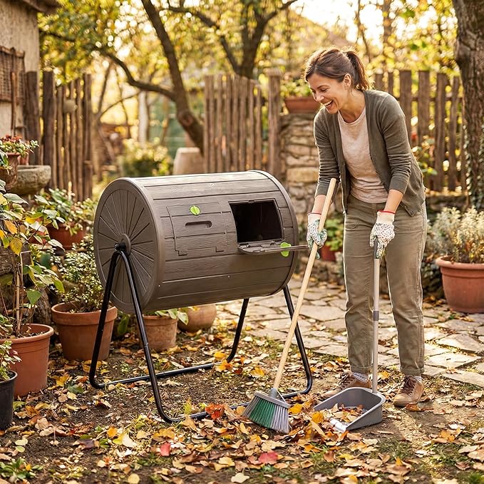 Goplus Compost Tumbler, 37.5 Gallon Large Outdoor Compost Bin w/Dual Chambers, 2 Lockable Doors, Efficient 360° Rotating Batch Composter for Garden Yard Farm Waste, Easy Assembly, BPA-Free (Coffee)
