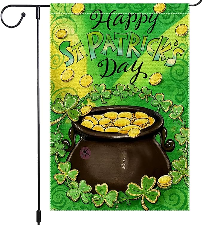 St Patrick's Day Garden Flag 12x18 Inch Double Sided Burlap Happy St Patrick's Day Pot of Gold Shamrocks Coins Outdoor Decorations Patio Irish Festival Decor
