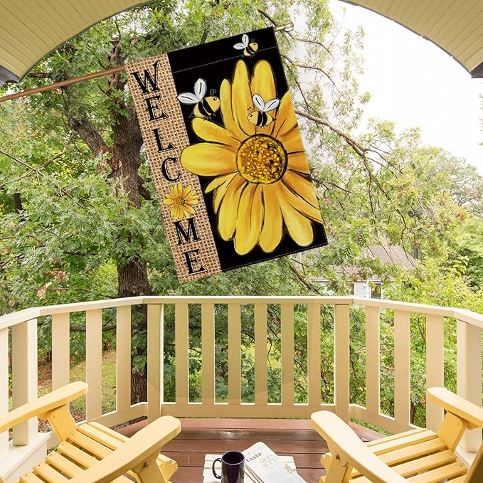 AVOIN colorlife Spring Summer Bee Sunflower House Flag 28x40 Inch Double Sided, Welcome Holiday Burlap Yard Outdoor Decoration