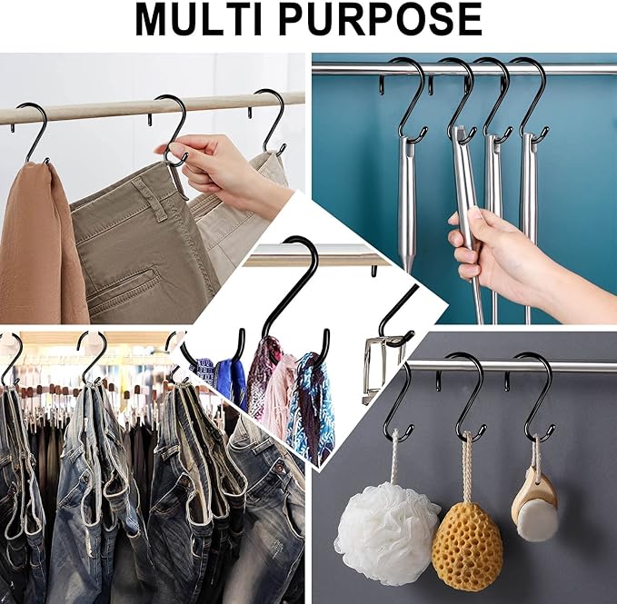 4 Inch 12 Pack S Hooks - Heavy Duty, Large Rubber Coated Black Non Slip Metal Hooks for Closet, Garden, Jeans, Plants, Jewelry, Pot, Pan, Cups, Towels