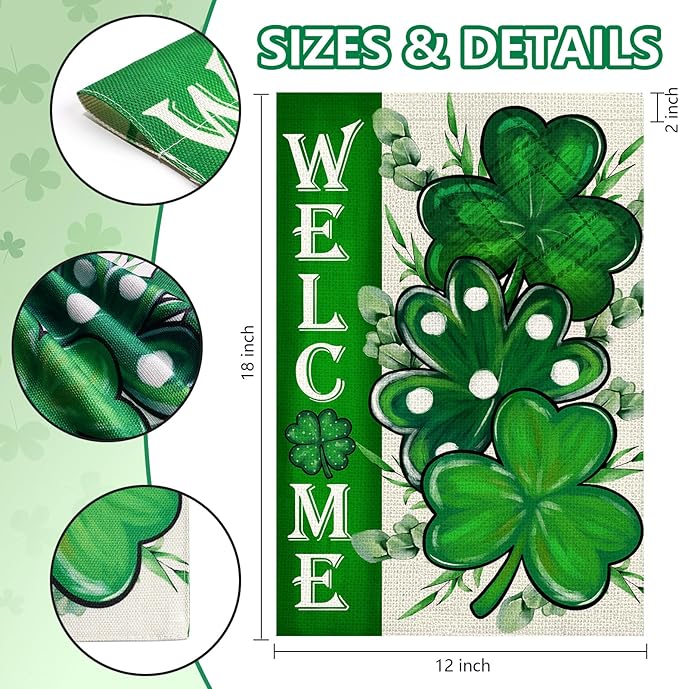 St Patricks Day Shamrocks Garden Flag 12x18 Inch, Double Sided Green Clovers Welcome Flag for Yard Outdoor Decoration
