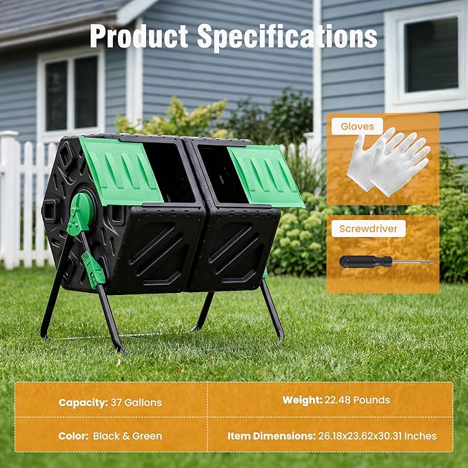 NEWBULIG Compost Bin Outdoor 37 Gallon, Separated Dual Chamber Composter Tumbler Outdoor with Gloves, Efficient 360°Rotating Composting Bin for Patio, Lawn, Home Gardening and Landscape, Black