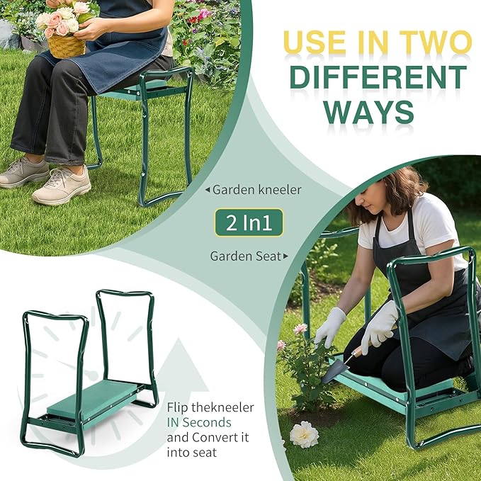 VINGLI 24in Foldable Garden Kneeler and Seat with Tool Pouch, 2-in-1 Function Portable Thicken Soft Kneeling Pad Garden Stool for Backyard, Green, Gifts for Garden Enthusiasts