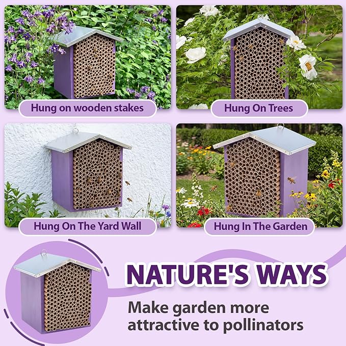 Vicenpal Mason Bee House with Tubes Native Bee Boxes Hive Wooden, Pollinator House Waterproof, Wax Coated Tall Insect Hotel, Butterfly, Ladybirds, Beneficial Insect Habitat, Bug Hotel Garden