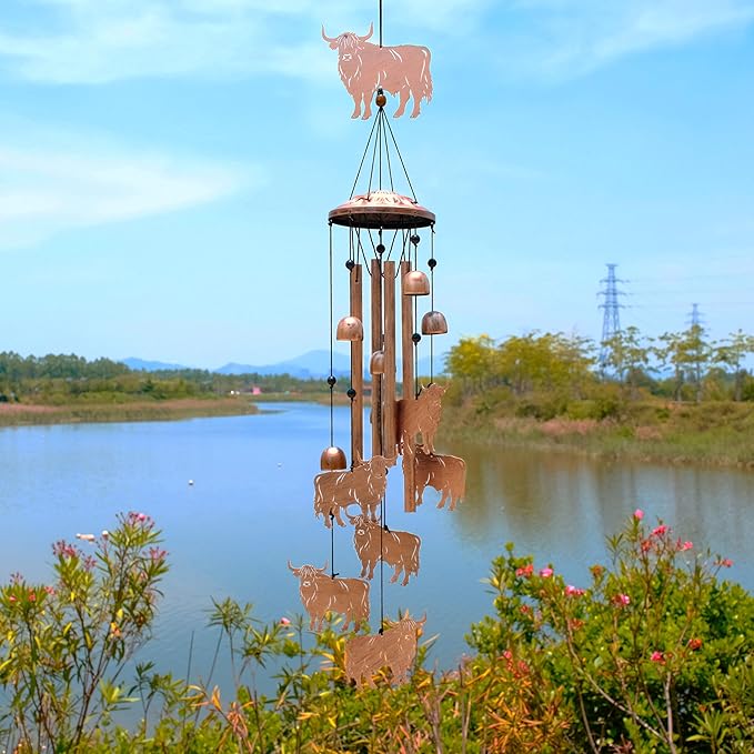 Highland Cow Wind Chimes for Outside, Metal Windchimes Outdoors, Highland Cow Gifts for Women/Men, Memorial/Birthday Gifts, Garden Decor for Outside, Patio or Yard, Durable Chimes for Outdoors