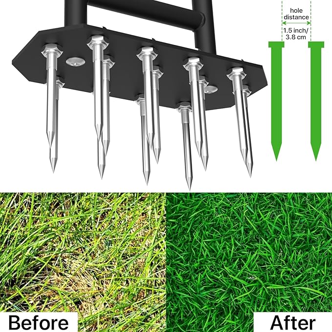 Lawn Aerator Spike Aeration Tool, Manual Air Aerator Tool for Lawn with Iron 18 Spikes, 38.8 Inch Hand Aerator for Grass, Yard, Heavy Duty Lawn Aerating Tool with Double-Pipe Handle, T-Grip, Black