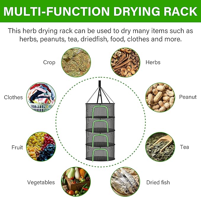 iPower Herb Drying Rack 4-Layer 2-Feet Hanging Mesh Net Dryer Collapsible with U-Shape Zippers, Pothook, Carabiner and Storage Pouch, for Hydroponics Flowers, Buds, Fruits, Seafoods, Clothes