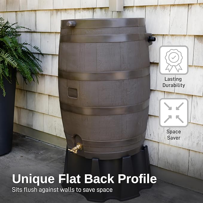 RTS Home Accents 50-Gallon Rain Barrel with Link Kit, Flat Back Rain Water Collection Barrel, Link Kit Included, Walnut Color (2 Pack)