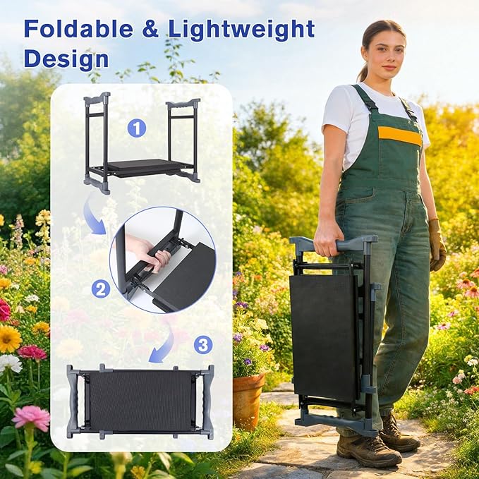 Garden Kneeler and Seat, Extra Wide Thick EVA Pad, Heavy Duty Foldable Garden Bench Holds 350lbs, Ergonomic Kneeling Stool with Garden Tool Pouches, Gardening Gifts for Women, Men & Seniors