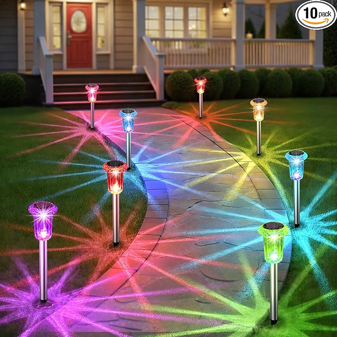 Solar Outdoor Lights, 10 Pack Solar Pathway Lights Outdoor Waterproof, Stainless Steel Stake Lighting for Garden Yard Path Walkway Driveway Patio Lawn Outside Decor,Color Changing