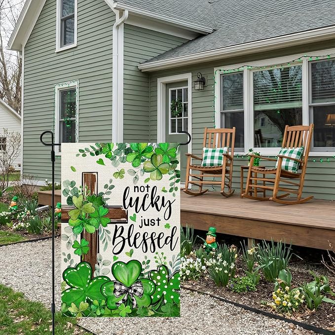 CROWNED BEAUTY St Patricks Day Garden Flag Shamrocks Clover Cross Blessed 12x18 Inch Double Sided Green Holiday Decoration for Outdoor Lawn Yard CF1931-12