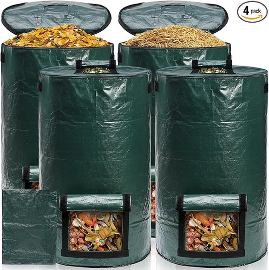 4 Pack 34 Gallons Reusable Yard Waste Bags, Leaf Lawn Collector Containers with Lid and Handles, Heavy Duty Collapsible Compost Bins with Bottom Window for Outdoor Debris Wet Leaves Grass
