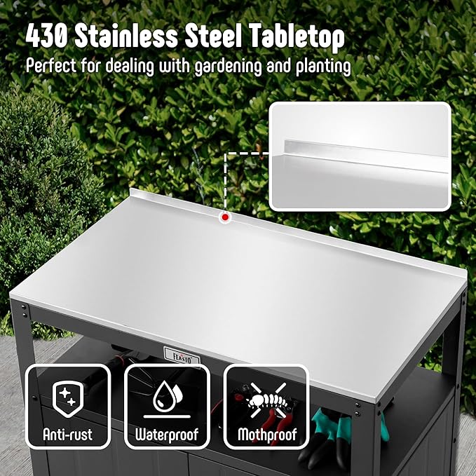 Garden Potting Bench with Storage, Outdoor Potting Table & Garden Work Bench for Plants, Horticulture, Outdoor Potting Station with Stainless Steel Tabletop, Outdoor Work Table