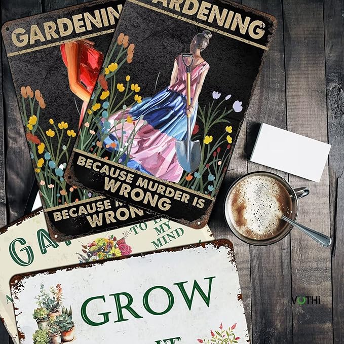 Funny Garden Signs;Gardening Because Murder is Wrong Sign; Poster Metal Sign for Farmhouse Home Kitchen Coffee Wall Garden Decor Metal Signs 8x12 In