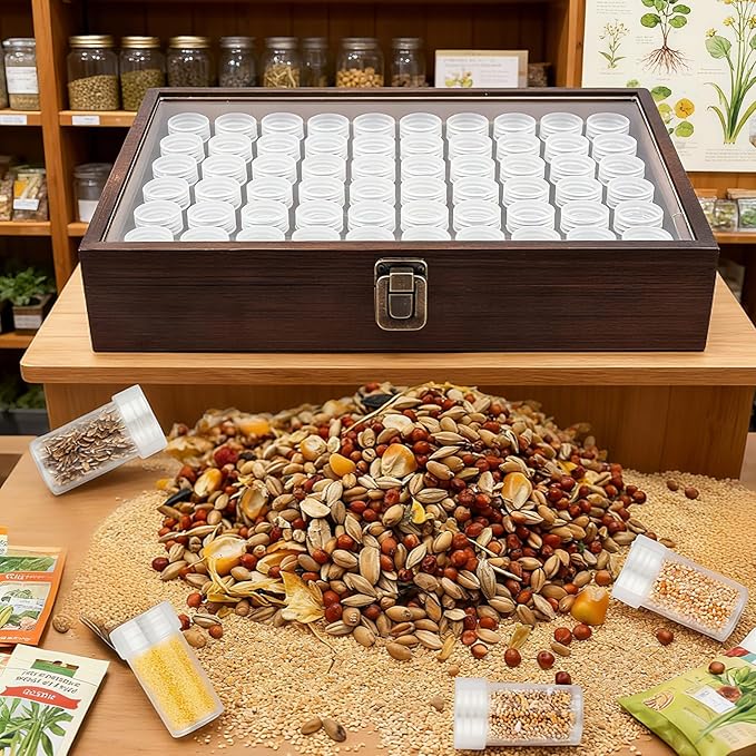 60 Slots Seed Storage Organizer with 96pcs Labels, Wooden Seed Saving Box with Lid and Metal Safety Lock, Garden Seed Organizer for Flowers Plants Vegetables, Brown