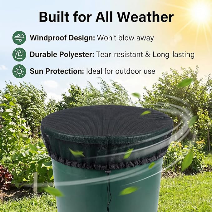 2 PCS 39in Mesh Cover for Rain Barrels, Fine Mesh Filter Screens with Adjustable Drawstring, Reusable Outdoor Garden Rain Barrel Accessories, Effective at Blocking Leaves, Debris (Black)