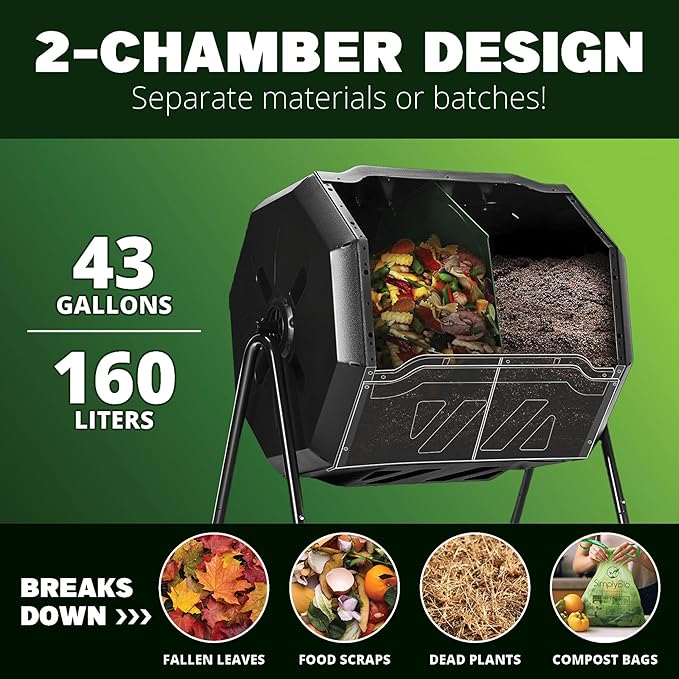 Simply Bio 43-Gallon Outdoor Compost Tumbler Bin – BPA-Free Rotating Compost Bin for Garden, Kitchen and Yard Waste, Outdoor Compost Bin Tumbler, Dual Chamber, Black, Weather-Resistant