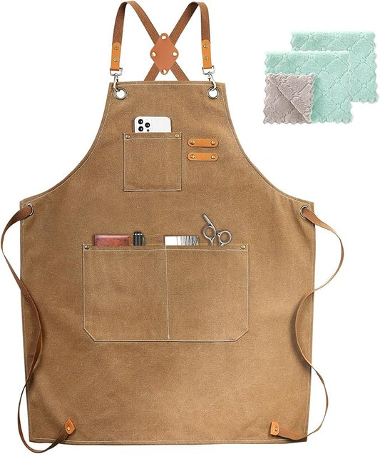 ZOMAO Chef Apron, Cotton Canvas Cross Back Apron with Pockets for Women and Men,Adjustable Strap and Large Pockets Apron,Kitchen Cooking Baking Bib Apron