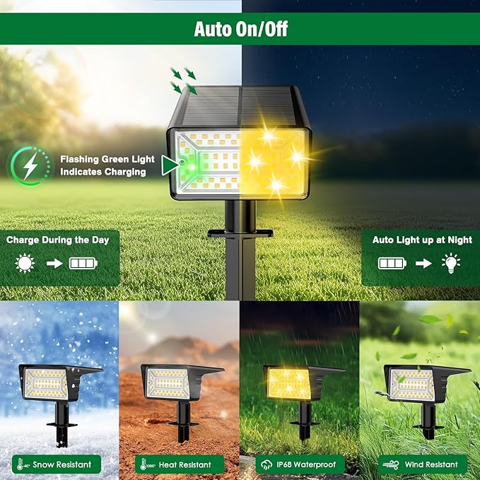 Solar Spot Lights Outdoor with 60 LED & Auto On/Off, 4 Pack Solar Lights Outdoor Waterproof IP68 with 3 Lighting Modes, 2-in-1 Solars Landscape Light for Outside, Garden, Yard(Warm White)
