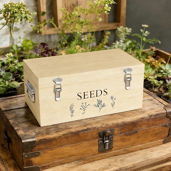Bamboo Seed Storage Box, Large Garden Seed Organizer with Lid & Safety Lock & Handles, Seed Box Storage Organizer Includes Seed Envelopes and Labels etc, Great Gifts Gardening Kit (Wood)