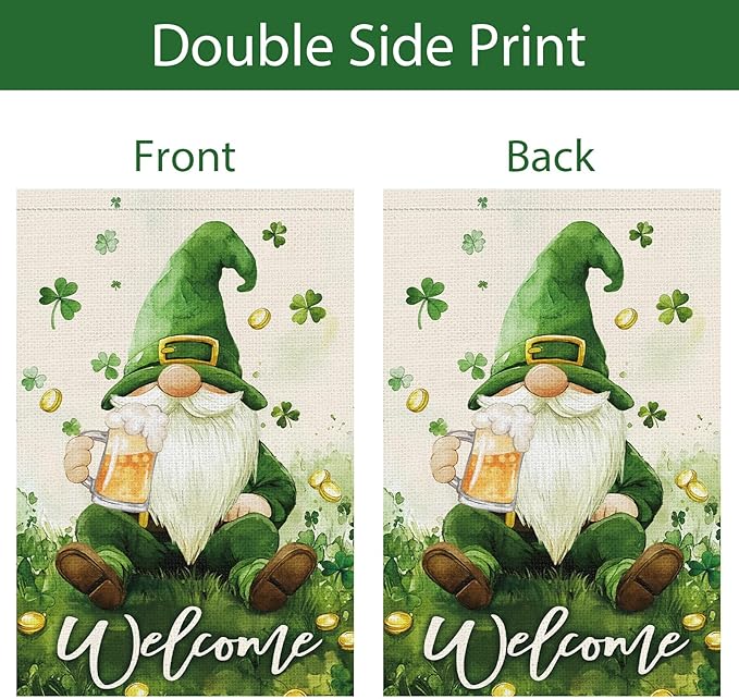 St Patricks Day Gnome Garden Flag 12×18 Inch Double Sided Lucky Shamrock Small Burlap Welcome Green Clover Holiday Outside Yard Flag