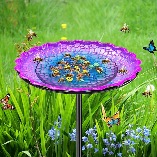 Bee Butterflies Watering Station, Standing Bee Feeder with Glass Marbles for Outside, Bee Bath Feeder with Metal Stakes Butterfly Puddler Garden Yard Déco (Purple)