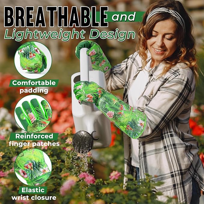 HANDLANDY Women Gardening Gloves, Scratch Resistant Breathable Ladies Rose Pruning Long Gauntlet Floral Print Garden Yard Gloves, Gift for Gardeners (Grass Green, S)
