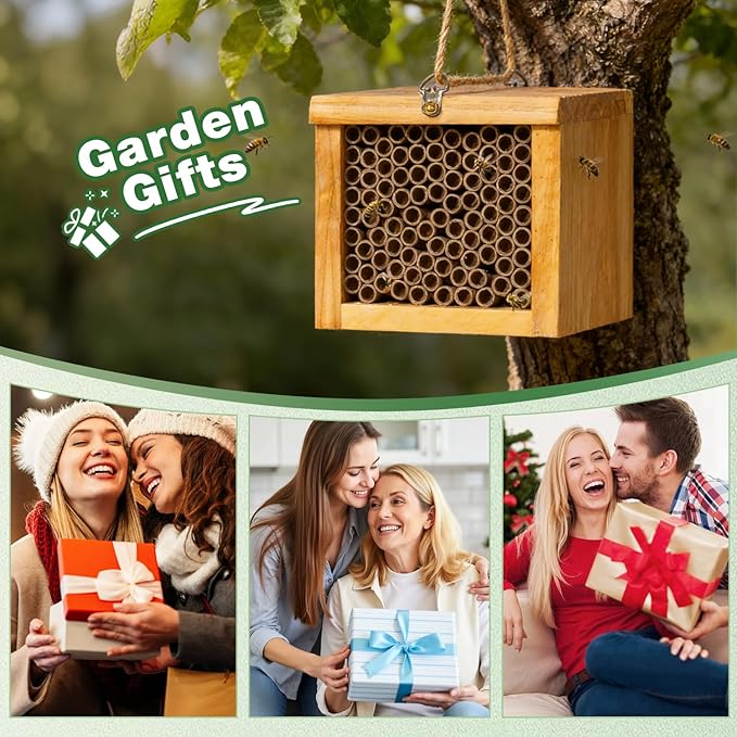 Mason Bee House - Wax Coated Bee Hotel for the Garden, Natural Handmade Wooden Insect Hotel, Mason Bee Home for Outdoors, Attracts Peaceful Bee Pollinators to Your Garden