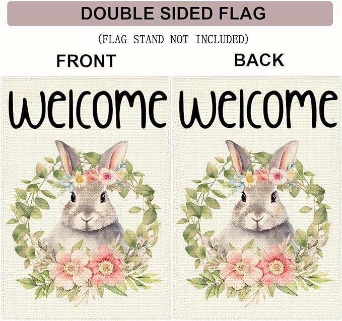 Happy Easter Wreath Bunny Garden Flag 12x18 Inch Double Sided, Easter Holiday Yard Outdoor Decoration, Outside Farmhouse Holiday Decors for Spring