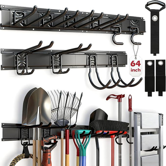 SEDY 64" Heavy Duty Garage Storage Tool Organizer Wall Mount - Tool Rack with Adjustable Hooks, Anti-Rust, 300lbs Capacity - Easy Installation (10 Hooks, 4 Rails, 3 Straps)