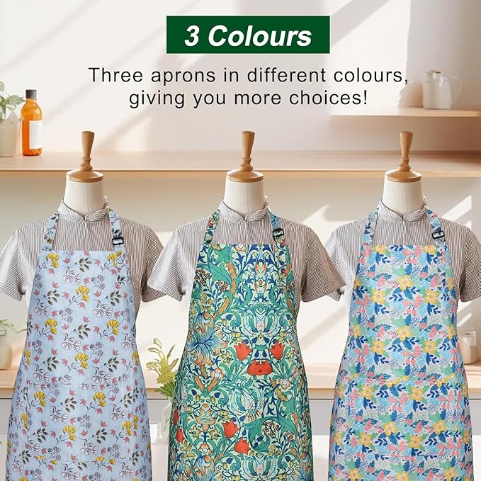 3 Pack Waterproof Floral Aprons for Women, Adjustable Strap Apronwith Pocket Multi-Use for Kitchen, Art, Garden