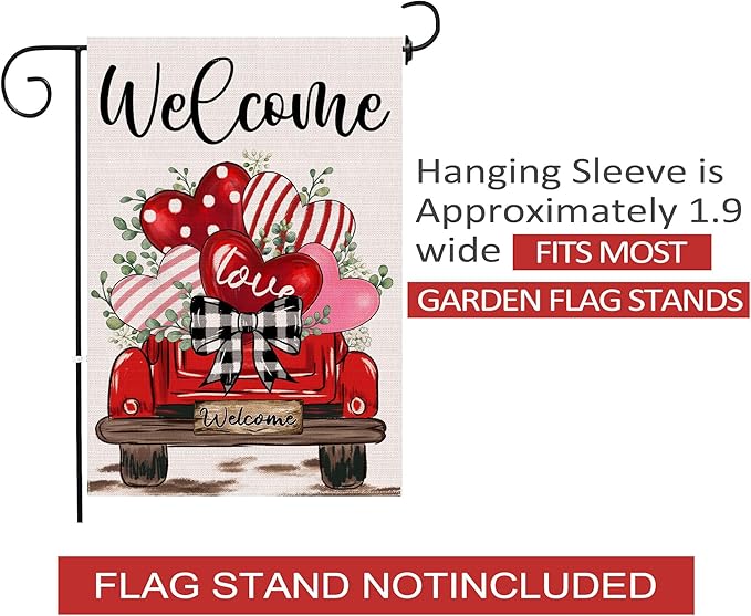 Valentine's Day Garden Flag, Valentines Flag 12x18 Double Sided Decorations, Red Truck Small Flag for Outdoor