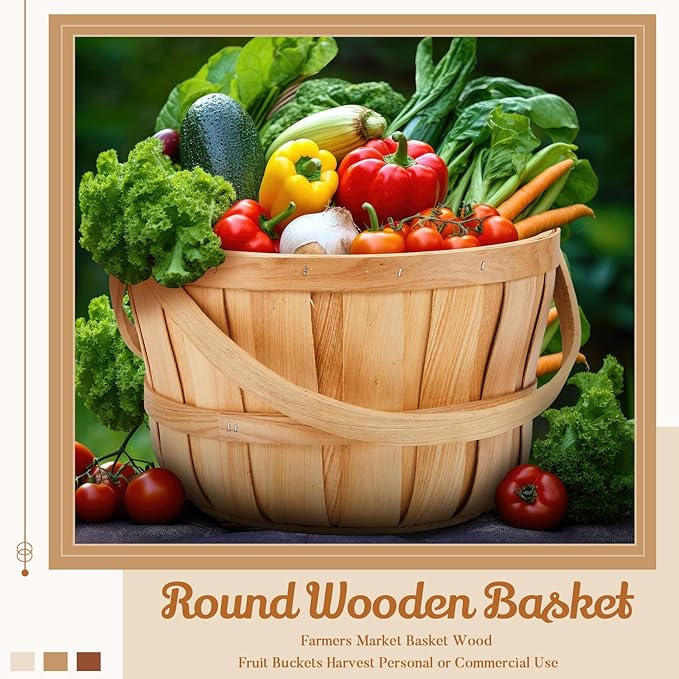 Marsui 6 Pcs Large Wooden Easter Gift Basket 11 x 6.5'' Wicker Apple Fruit Bushel Baskets with Handle for Garden Storage Organizing Farmers Personal or Commercial Use