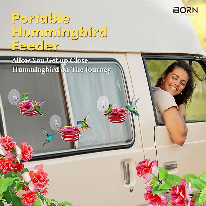 iBorn Window Hummingbird Feeder Mini Hummingbird Feeders for Outdoors, 3OZ Humming Bird Feeder with Strong Suction Cup, 3 Feeding Ports & Stainless Steel Base, 3 Set