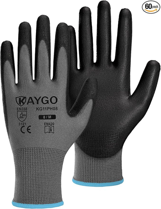 KAYGO Work Gloves for Men and Women,60 Pairs Seamless Knit PU Coated Safety Gloves, with Smooth Grip on Palm and Fingers, Ideal for Light Warehouse, Manufacturing, Gardening, KG11P (M,Gray)